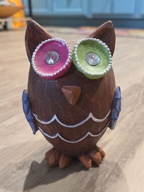 Brown Owl Figurine with Pink & Green Accents